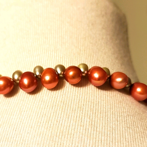 925 Sterlung Silver Genuine Freshwater Pink & Green Pearl Necklace 18" - Picture 2 of 6